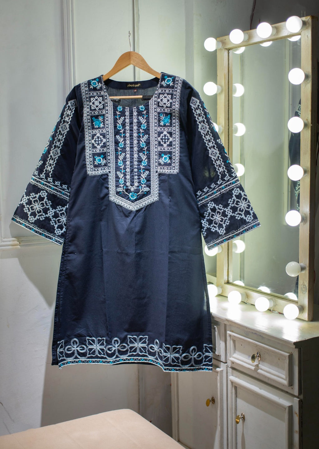 Navy Blue Dress With White and turquoise embroidery CODE 358