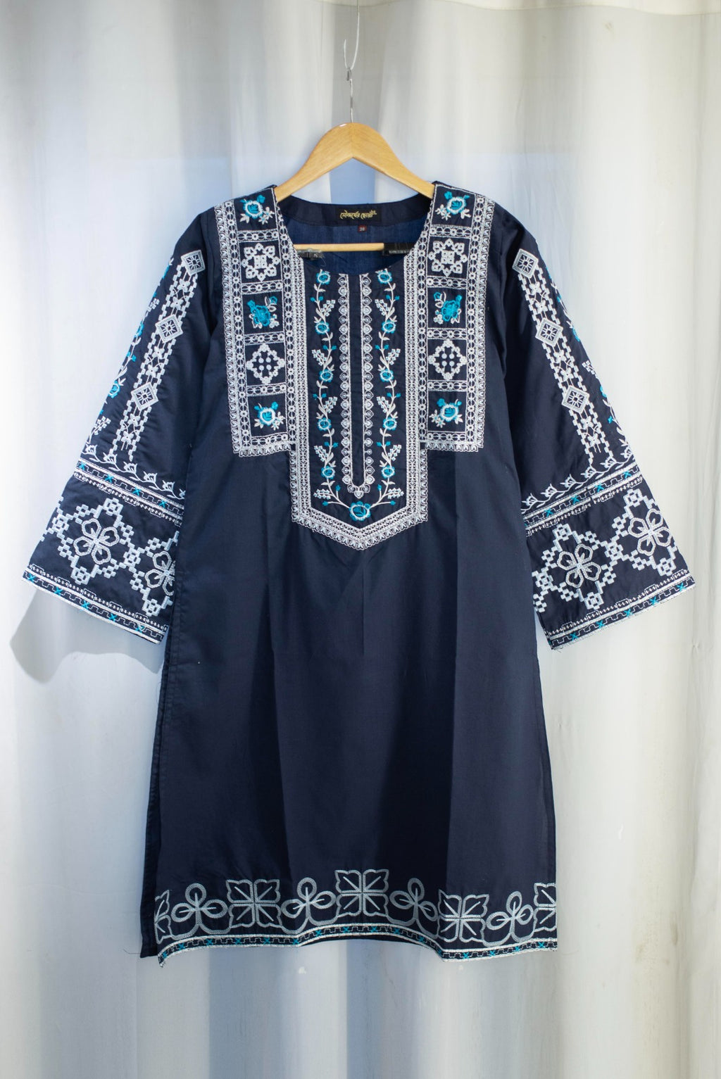 Navy Blue Dress With White and turquoise embroidery CODE 358