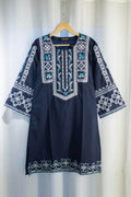 Navy Blue Dress With White and turquoise embroidery CODE 358