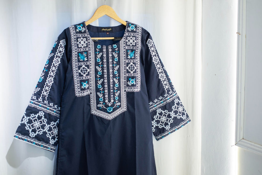 Navy Blue Dress With White and turquoise embroidery CODE 358