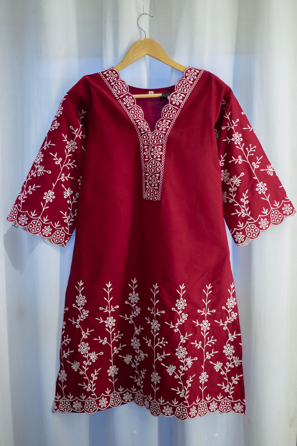 Red dress with white embroidery Code 308
