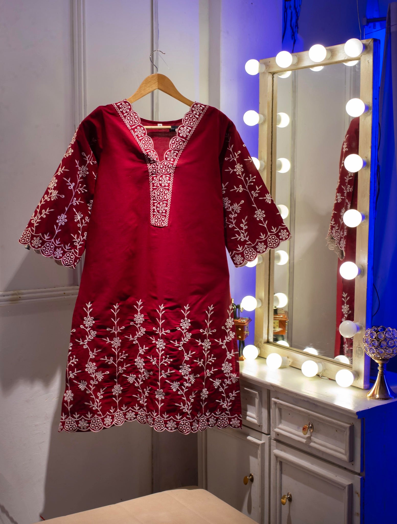 Red dress with white embroidery Code 308