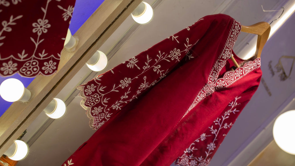 Red dress with white embroidery Code 308