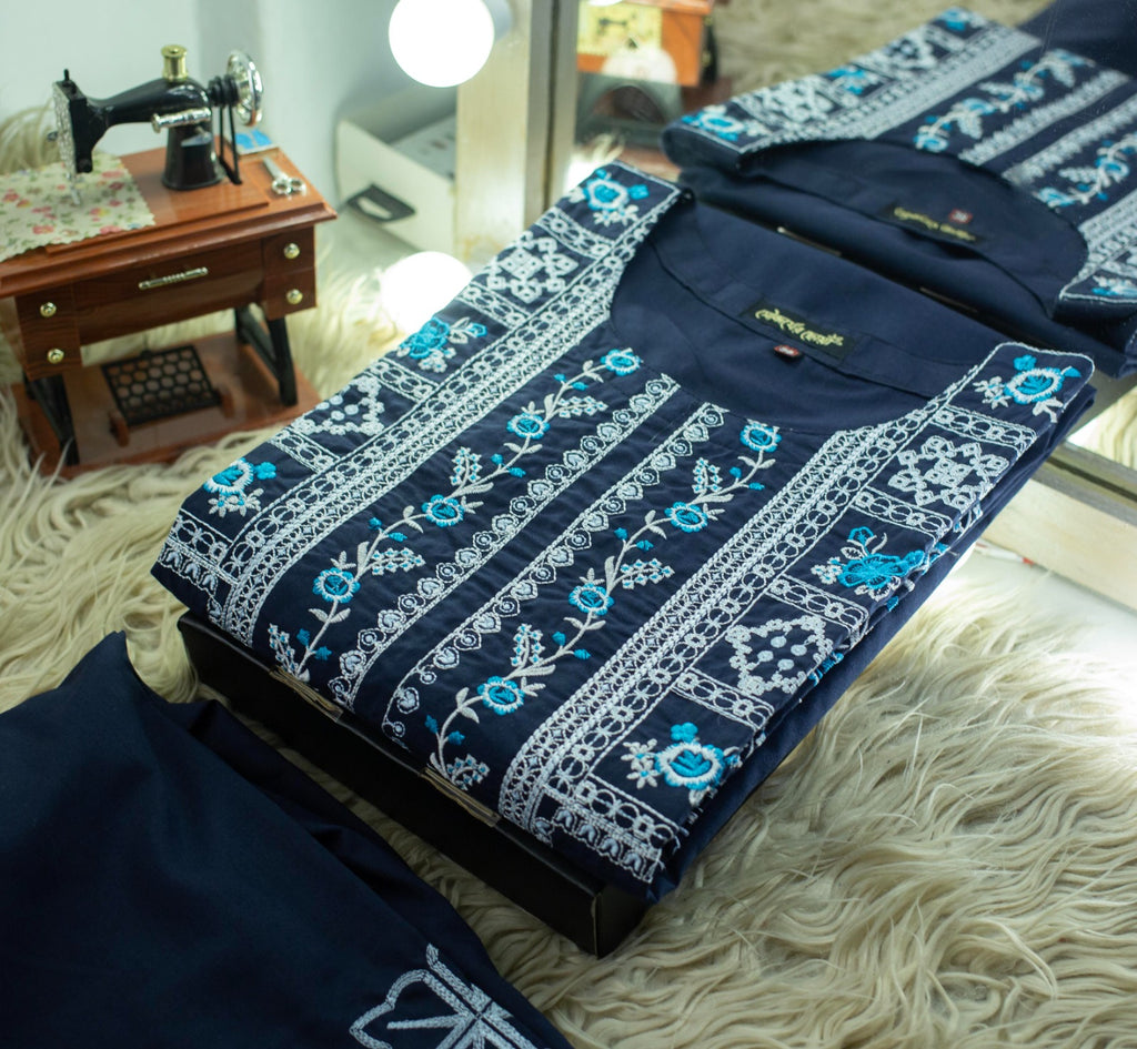 Navy Blue Dress With White and turquoise embroidery CODE 358